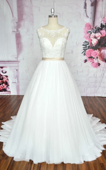 Ballgown Sleeveless A-line Tulle Wedding Dress With Illusion Neckline And Deep V-back