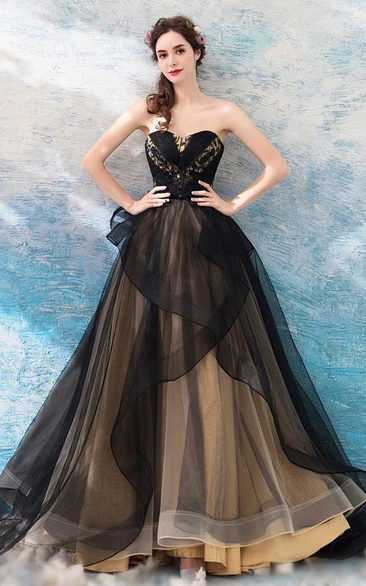 Black and Gold Sweetheart A Line Floor Length Organza and Satin Wedding Dress with Corset Back