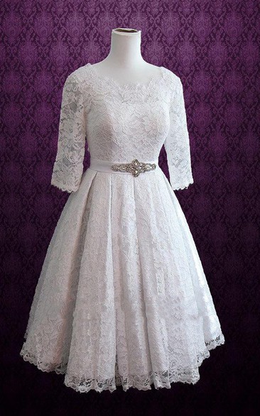 Bateau Lace Half Sleeve short A-line Wedding Dress With Pleats