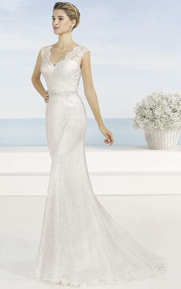 Sheath V-neck Sleeveless Floor-length lace Wedding Dress with Illusion and Waist Jewellery