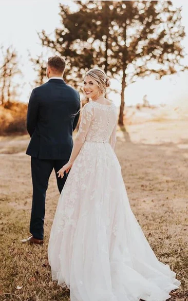 Lace Applique V-neck Illusion Long Sleeve A-line Wedding Dress