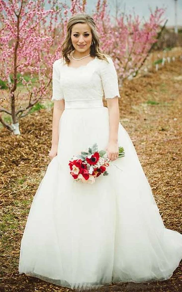 Scoop Lace Tulle Illusion Half Sleeve Wedding Dress