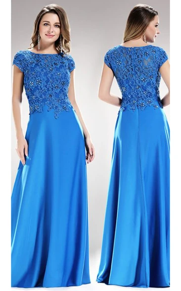 A-line Bateau Short Sleeve Floor-length Satin Prom Dress with Zipper and Appliques