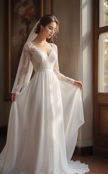 Long Sleeve Simple Chiffon Empire Country Wedding Dress