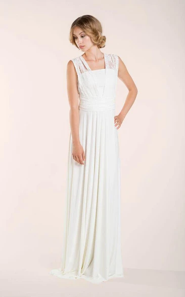 Sleeveless Pleated Floor-Length Lay Lace Ivory Dress
