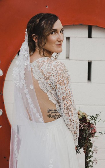 V-neck Lace Chiffon Long Sleeve Wedding Dress with Keyhole Back