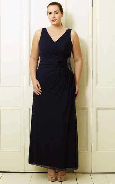 A-line V-neck Sleeveless Ankle-length Chiffon Mother Of The Bride Dress with Side Draping and Beading