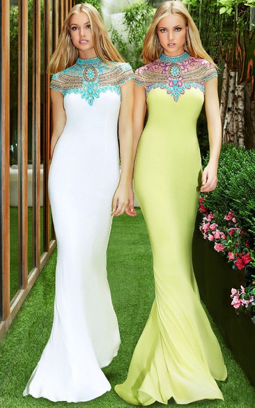 High Neck Short Sleeve Jersey Prom Dress With Keyhole back And multi-color Beading