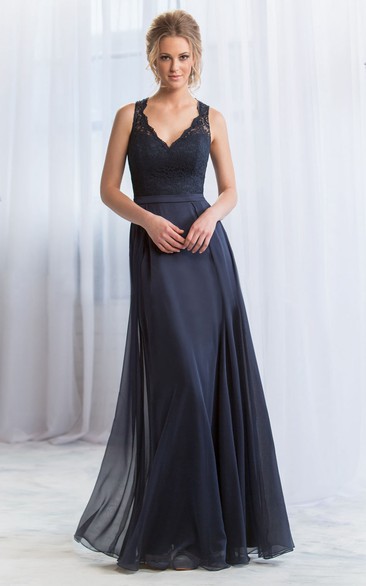 A-line V-neck Sleeveless Floor-length Chiffon/Lace Bridesmaid Dress with Keyhole and Sash