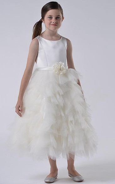 Tulle Ruffled Tiered Floral Satin Flower Girl Dress