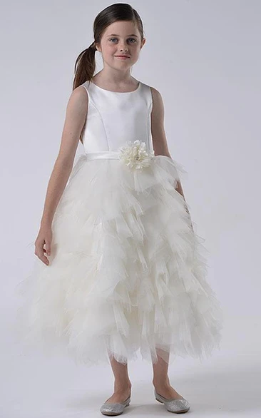 Tulle Ruffled Tiered Floral Satin Flower Girl Dress