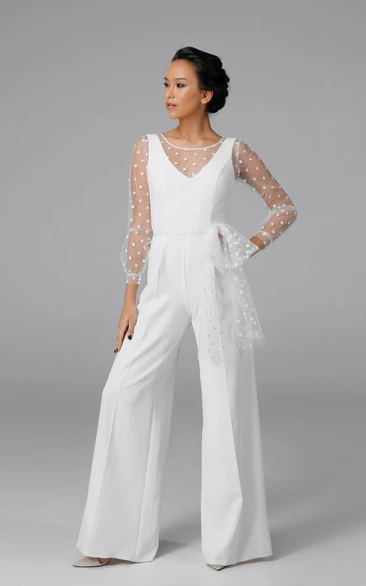 Straps Dot Tulle Top Wide Leg Wedding Jumpsuit with Buttons