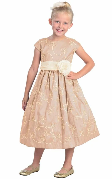 Bowknot Embroidery Floral 3-4-Length Flower Girl Dress