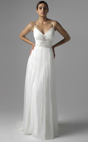 Sheath V-neck Sleeveless Floor-length Chiffon Wedding Dress with Low-V Back and Spaghetti Straps