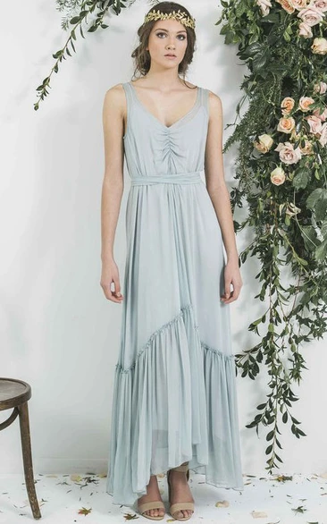 A Line V-neck Sleeveless High-low Chiffon Bridesmaid Dress with Low-V Back and Ruching
