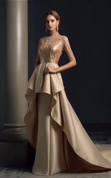 Champagne Half-sleeve Bateau-neck Illusion Peplum Formal Mother of Bride Dress