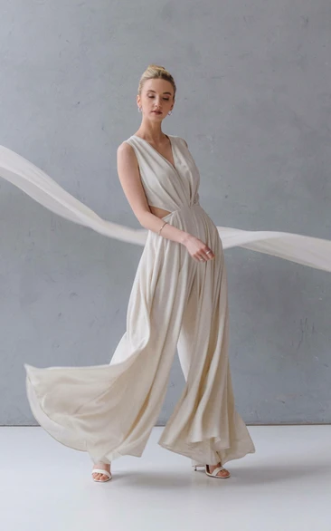 Natural Occasion Jumpsuit Boho Draped Palazzo Wedding Jumpsuit with Cut out Waist