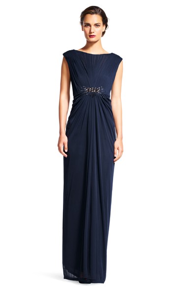 Pencil Jewel Sleeveless Floor-length Chiffon Bridesmaid Dress with Low-V Back and Ruching