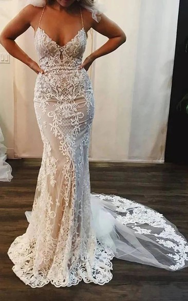 Elegant Spaghetti Sleeveless Mermaid Sheath Lace Court Train Wedding Dress