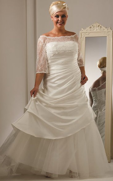 A Line Off-the-shoulder Half Sleeve Floor-length Satin/Tulle Wedding Dress with Corset Back and Tiers