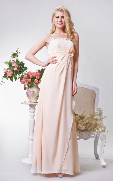 Floor-Length Bow Lace A-Line Strapless Chiffon Dress