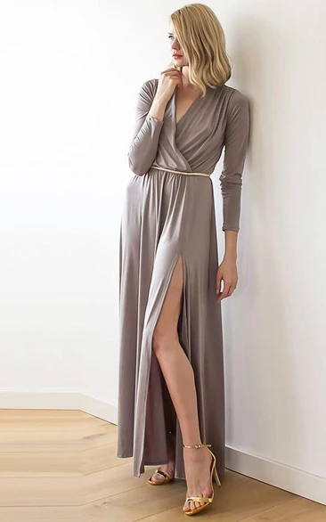 V-neck Long Sleeve Front-split Ankle-length Dress With Pleats