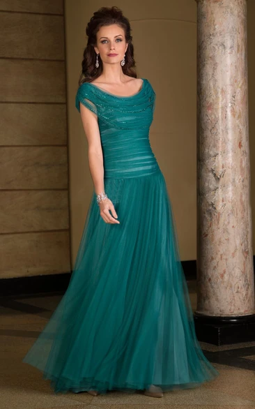 Cap-sleeve cowl-neck Tulle Mother of the Bride Dress With Beading