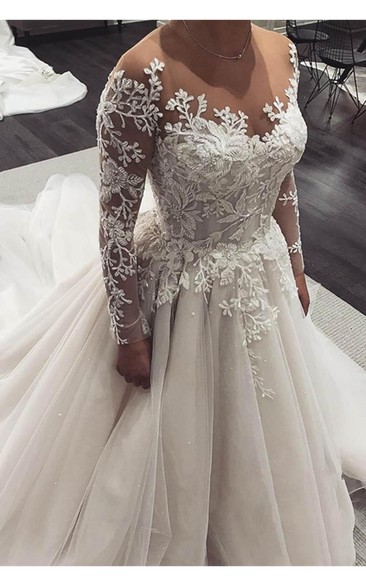 Jewel-Neck Tulle Long Sleeve Floor-Length Vintage Corset Back Garden Wedding Dress