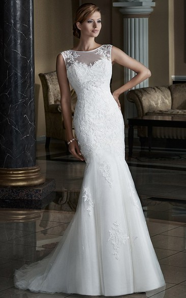 Mermaid/Trumpet Scoop Sleeveless Floor-length Tulle/Lace Wedding Dress with Illusion and Appliques