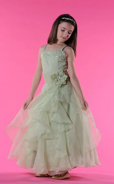 Organza Waist Floral Bateau-Neckline-Slit Pearl Flower Girl Dress