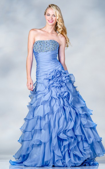 Strapless A-line Ruffled Prom Dress  With Tiers And Beading