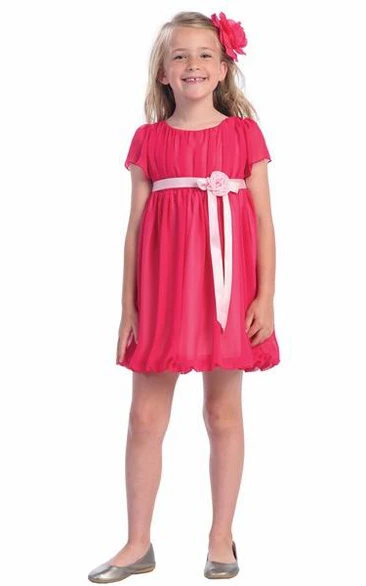 Chiffon Cap-Sleeve Short Satin Flower Girl Dress