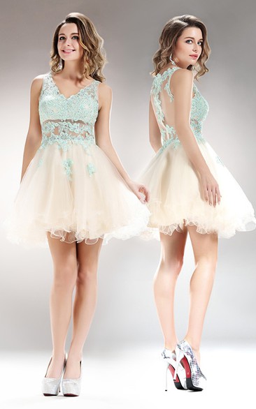 A-Line Illusion Appliqued Mini V-Neck Tulle Sleeveless Lace Dress