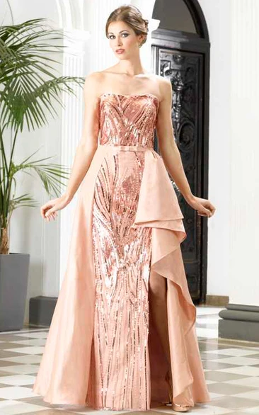 A Line Sweetheart Sleeveless Floor-length Sequeins/Satin Mother Of The Bride Dress with Split Front and Removable Skirt