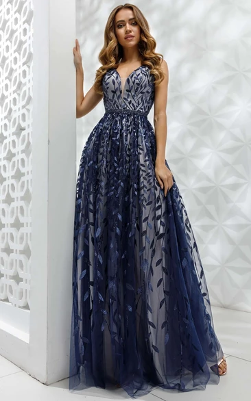 Formal Embroidery Sleeveless Low-v Back Prom Dress with Beaded Waist