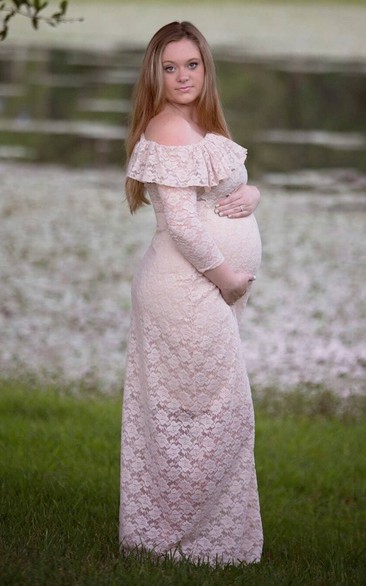 Empire Off-the-shoulder Lace Long Sleeve Floor-length Lace Maternity Wedding Dress