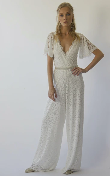 Bohemian Ivory butterfly sleeves bridal Lace Wedding Jumpsuit Bridal Romper with Beaded Belt