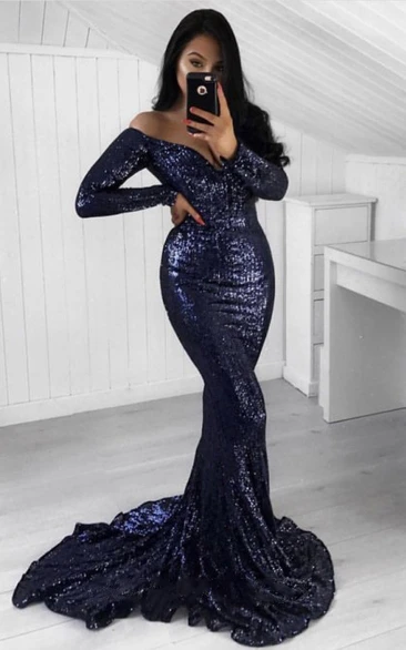 Mermaid Sequins Off-the-shoulder Long Sleeve Sweep Train Prom Dress With Open Back 