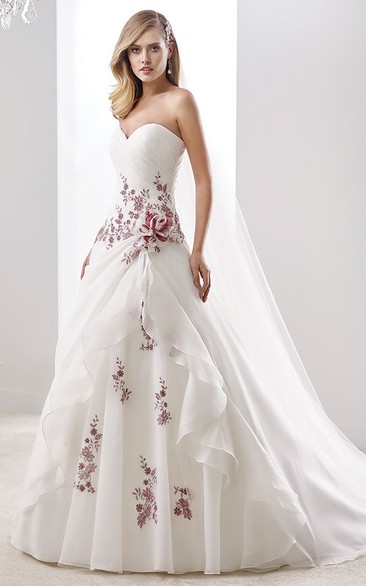 A-line Sweetheart Sleeveless Floor-length Organza Wedding Dress with Corset Back and Flowers