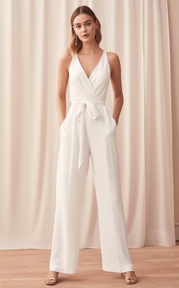 Straps V Neck Criss Cross Chiffon Wide Leg Wedding Jumpsuit with Sash