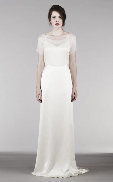 Elegant Short Sleeve Wedding Gown With Illusion Top And Keyholes For Shoulder And Back
