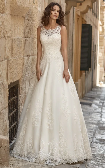 A-Line Long Appliqued Scoop-Neck Sleeveless Lace Wedding Dress