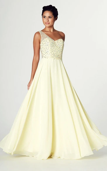 One-shoulder A-line Chiffon Dress With Beading And Illusion