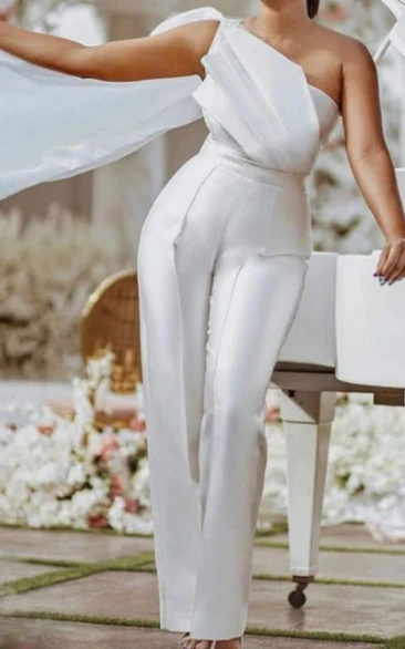 Pleats Empire Draping Sleeveless Satin Wedding Jumpsuit with Side Draping