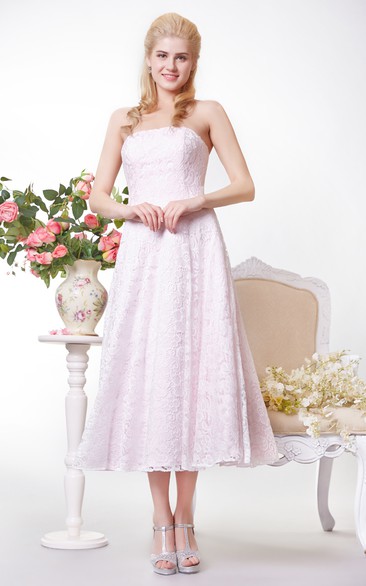 blushing Strapless A-line Tea-length Dress With Lace