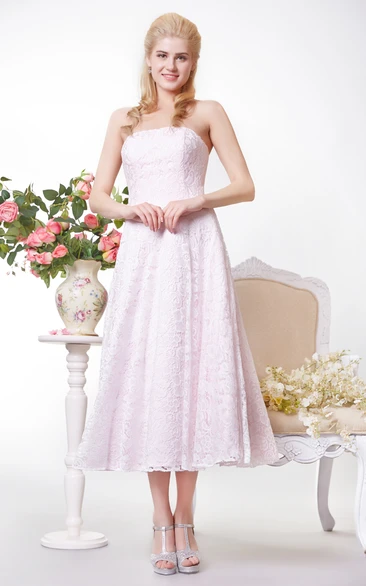 blushing Strapless A-line Tea-length Dress With Lace