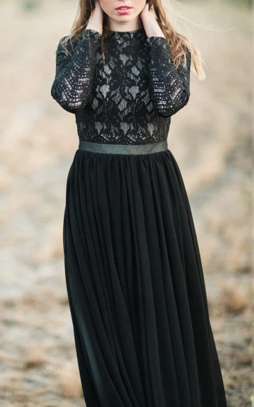 Chiffon Layers Long-Sleeve A-Line Lace Gown