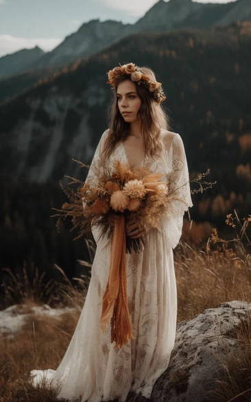 Lace Plunged Sheath Vintage Pleated Hippie  Wedding Dress