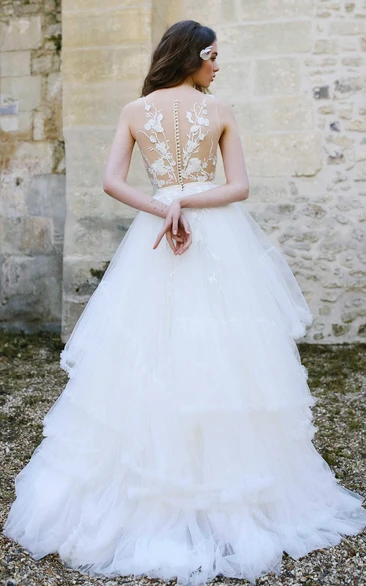Tulle A-Line Ball Gown Wedding Dress With Illusion Appliqued Top