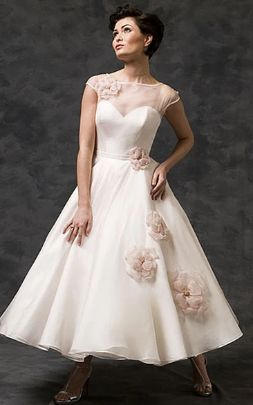 champagne Bateau Cap-sleeve Tea-length Dress With Flower And Illusion